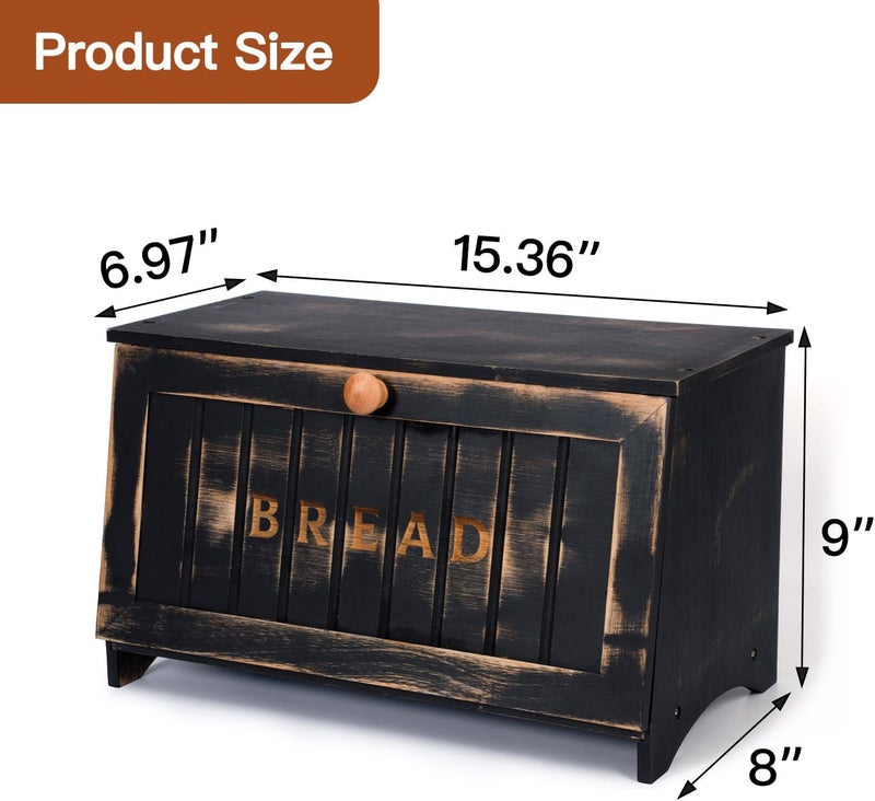 DAOYOUSKY Bamboo Bread Box for Kitchen Countertop, Black Vintage Wooden Counter Breadbox, Single Layer Rustic Wood Large Capacity Bread Storage Container Bin - Image 4